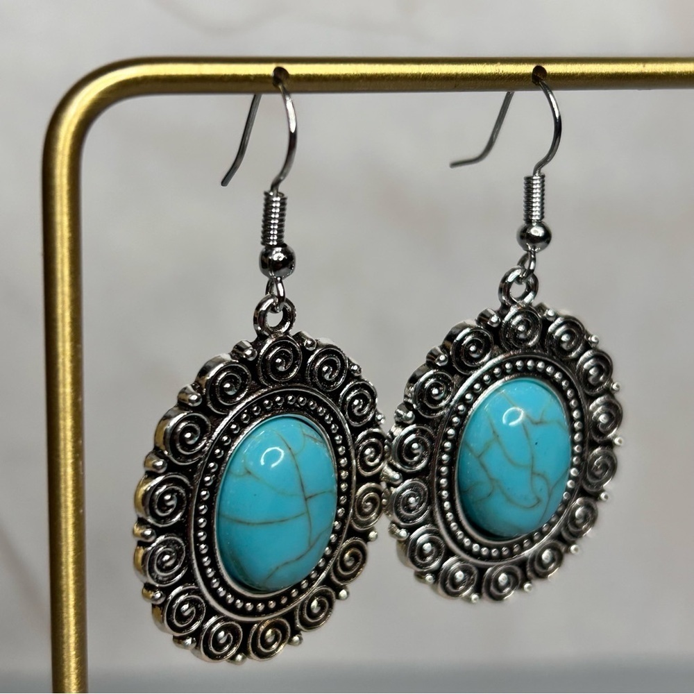 Elegant Silver Tone and Turquoise Stone Earrings - Picture 2 of 4
